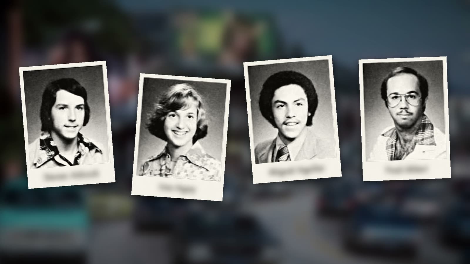 A slide from the film: four yearbook senior portraits printed as white-bordered photo cards, each with the classmate's name underneath, over a softly blurred backdrop.